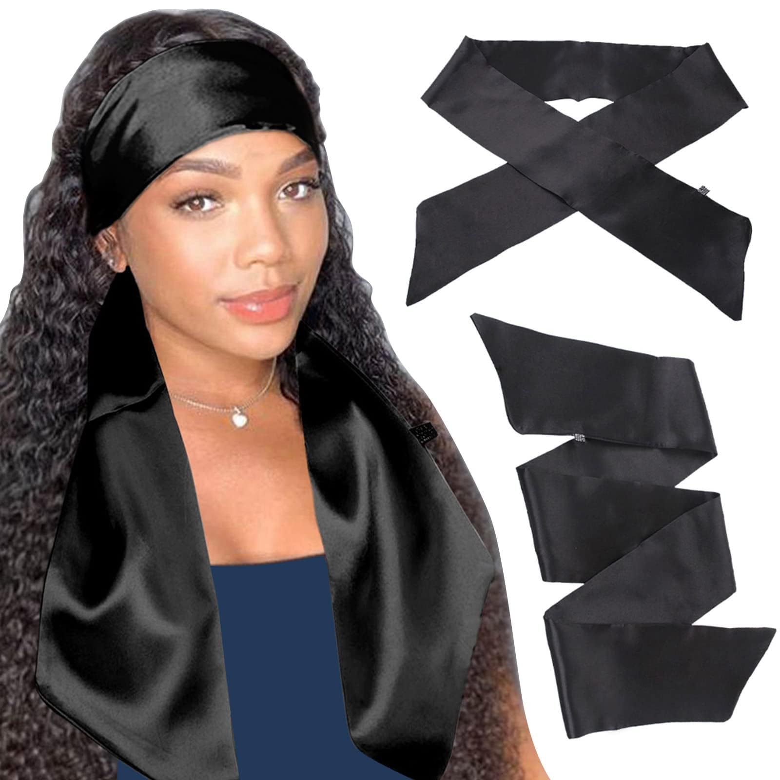 XTREND 2Pcs Women's Satin Edge Scarves for Hair Laying Scarf for Lace Front Wig Non Slip Hair Wrap Wigs Grip Band for Yoga, Makeup, Facial, Sport (2 pcs, Black#)