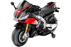 BKIRNP 24V Kids Motorcycle, Aprilia Licensed Electric Motorcycle for Kids, Top Speed to 10MPH with Long Battery Life, Thread Wheels, Training Wheels, Large Seat-Black