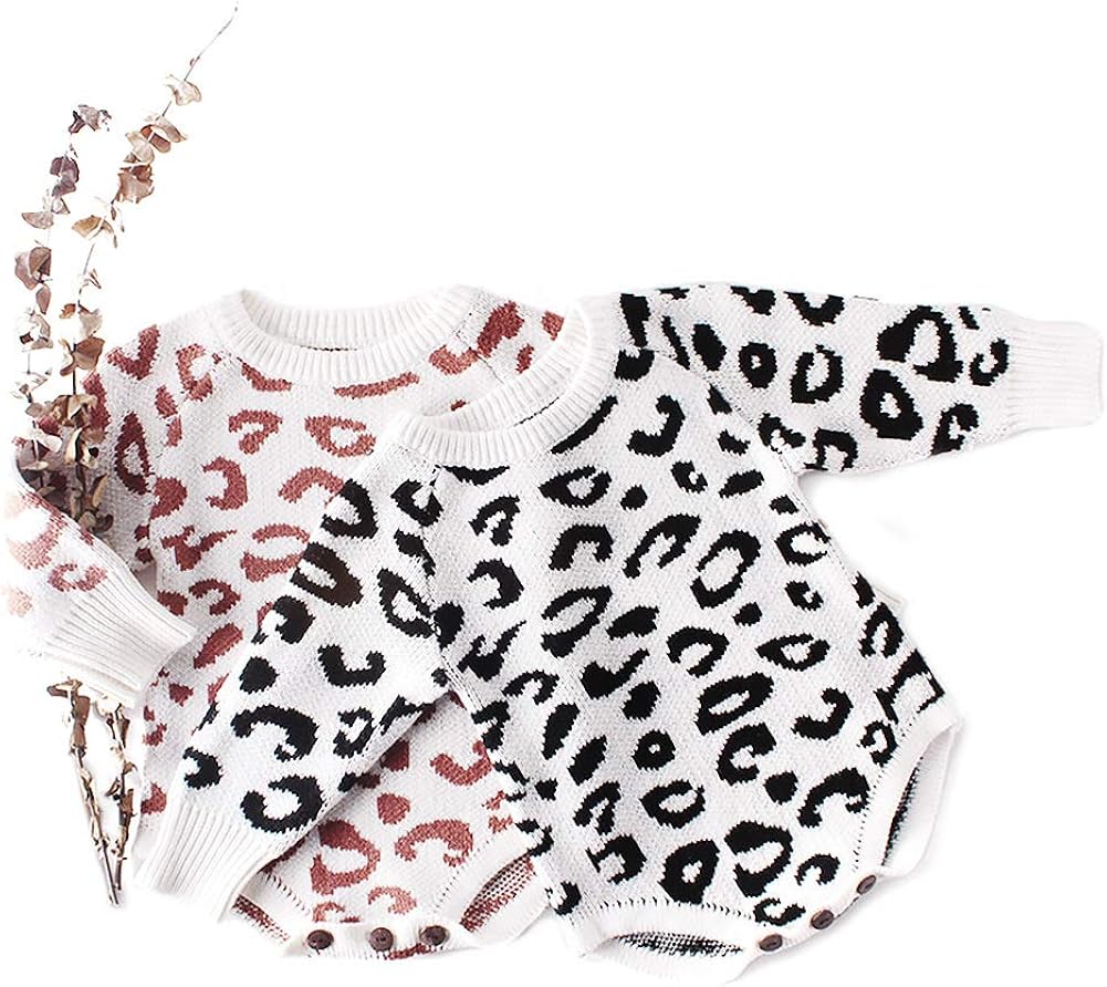 Curipeer Baby Romper Baby Girl Leopard Long Sleeve Romper Sweater Knit Pattern Warm Jumpuit for Fall 6M-3T