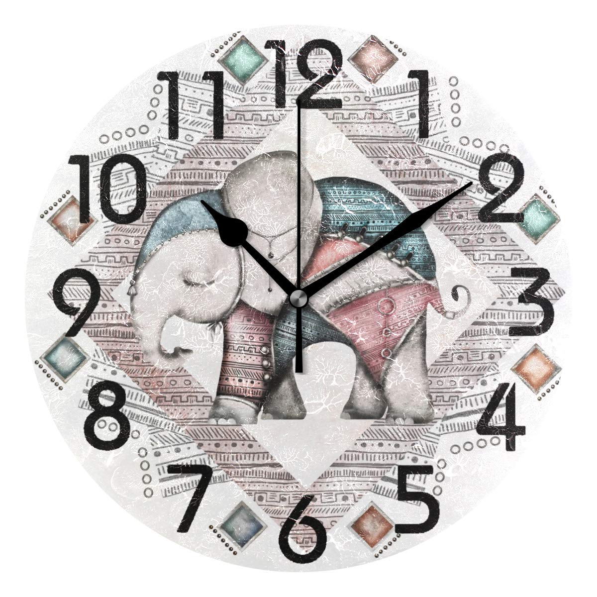 Naanle Indian Elephant Tribal Unique Design Retro Round Wall Clock Decorative, 9.5 Inch Battery Operated Quartz Analog Quiet Desk Clock for Home,Office,School