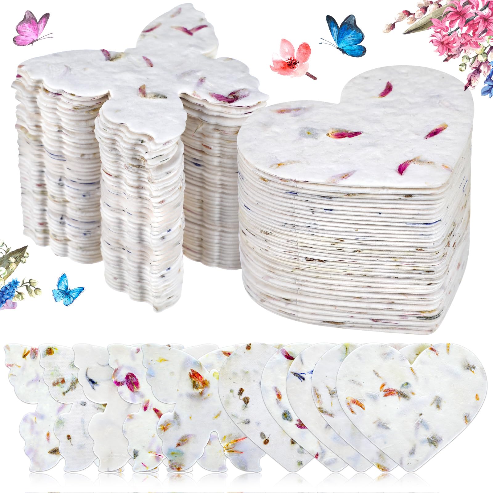 Photo 1 of Dunzoom 100 Pcs Handmade Seed Paper Plantable Wildflower Seed Paper Recycled Flower Petals Tags Wedding Favors for Guests Craft Gifts Cards for Envelope Birthday Party, 5 Styles (Heart/Butterfly)