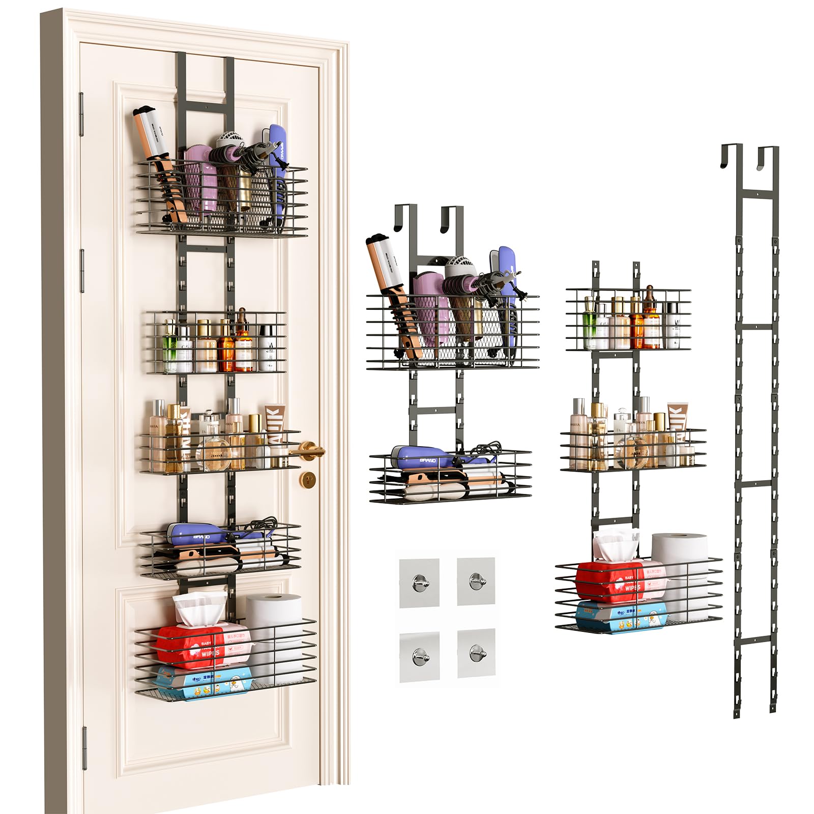 Photo 1 of 5-Tier Over The Door Bathroom Organizer - Hair Dryer Holder - Hair Tool Organizer Adjustable Height, DIY Bathroom Storage Shelf Wall Mounted for Flat/Curling Irons, Hair Straighteners, Skincare