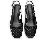 Slingback Ballet Pumps with Bow 2 Inch Studded Pump Low Block Chunky Heels Rhinestone Party Dessy Casual