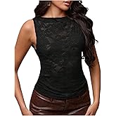 GORGLITTER Women's Lace Sleeveless Tank Tops Y2K Casual Crew Neck Gothic Sheer See Through Slim Fit Going Out Tops