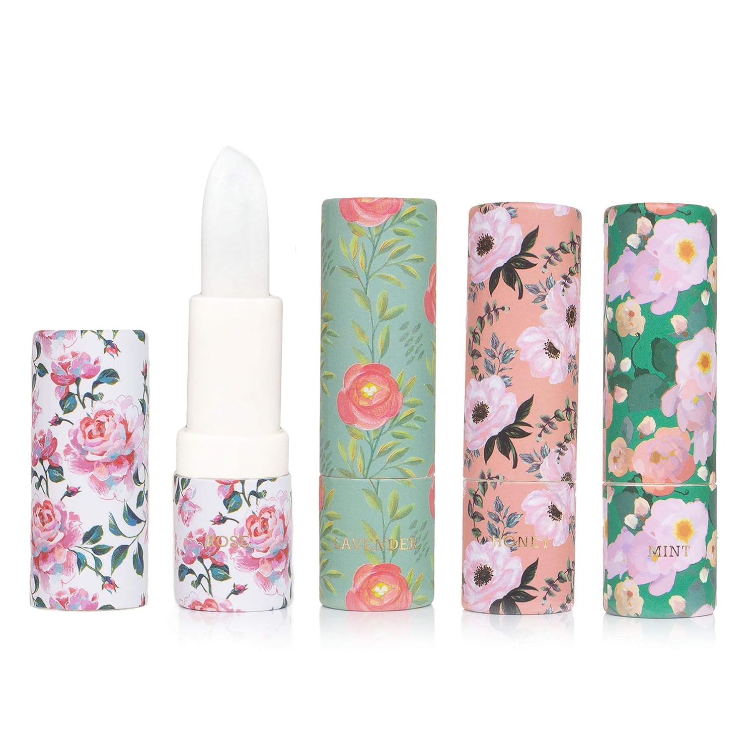 Beauty Concepts Four Piece Lip Balm Collection with Shea Butter, Moisturizing Lip Balm Gift Set (Rose, Lavender, Honey & Mint - Green Box) : Beauty