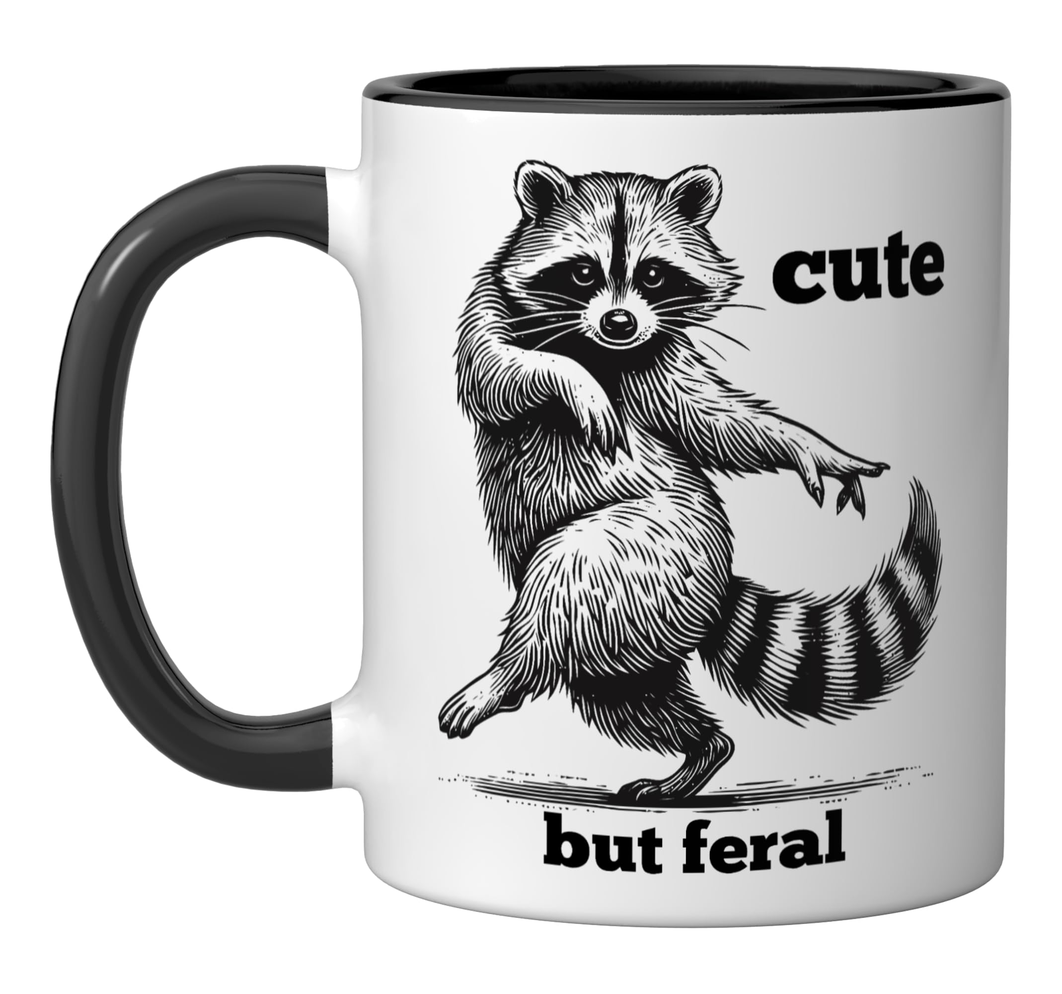 Photo 1 of "Cute but Feral" Funny Cute Raccoon Dancing Meme Teens Girls Ceramic Mug, Black/White
