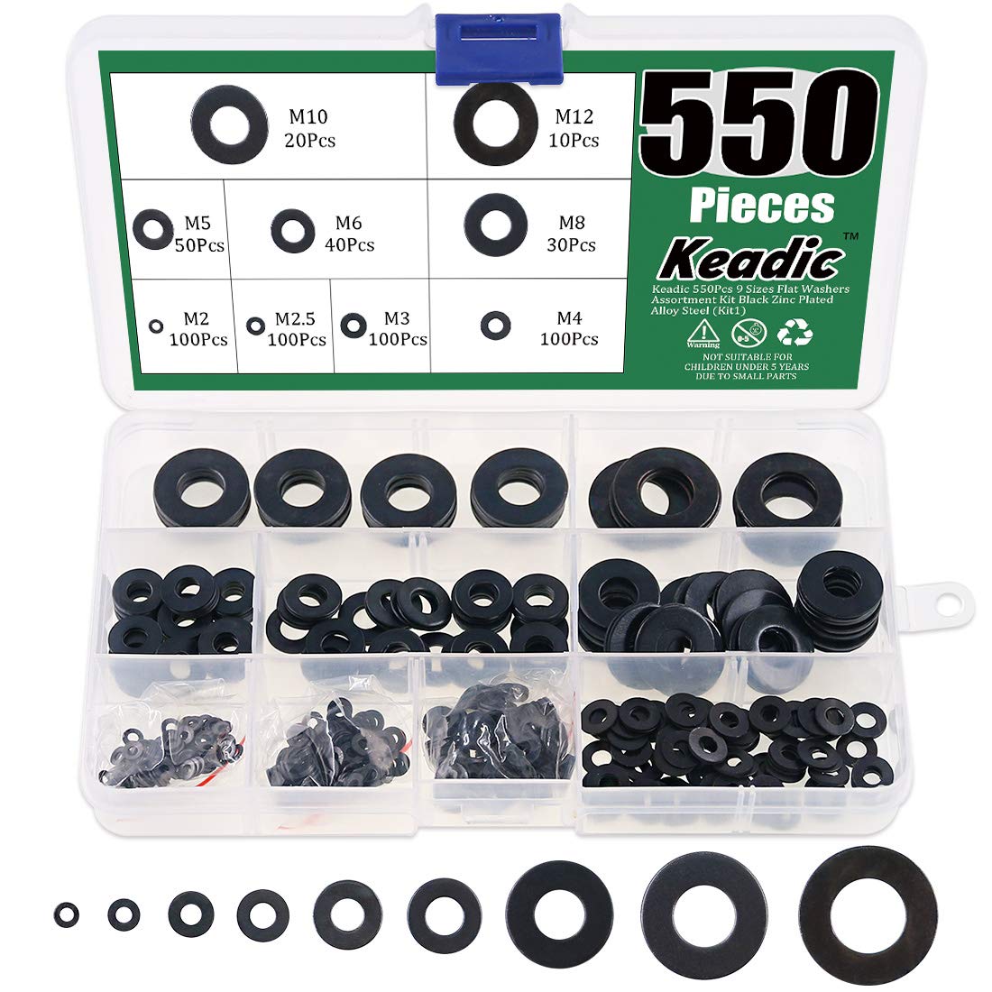 Keadic 550Pcs Flat Washers Assortment Kit Black Zinc Plated Alloy Steel, 9 Sizes - M2 M2.5 M3 M4 M5 M6 M8 M10 M12