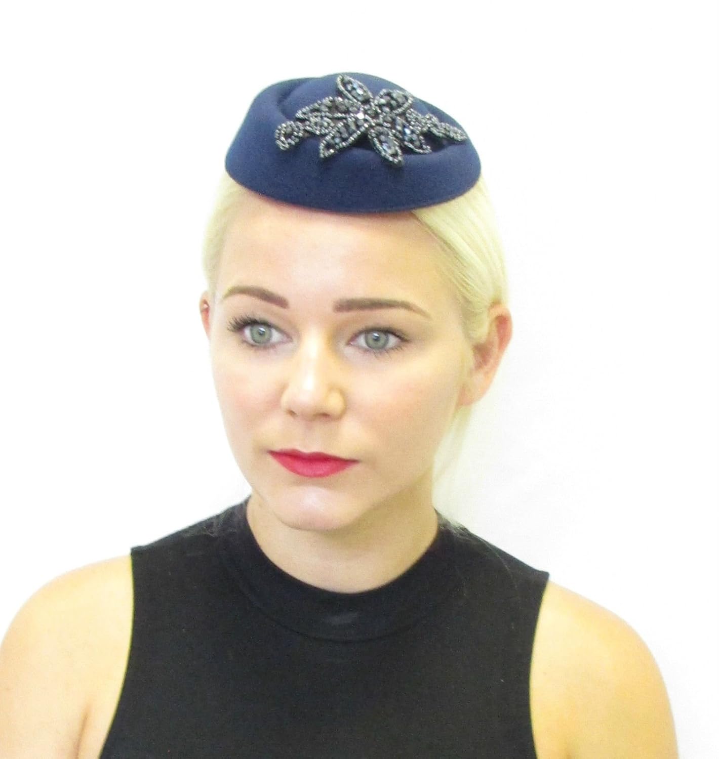 Navy Blue Beaded Pillbox Hat Fascinator Races Vintage Hair 1940s