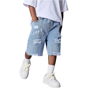 VIPWOLF Boy's Jean Shorts Baggy Wide Leg Y2k Ripped Distressed Denim Jorts | Elastic Waist, Frayed Raw Hem, Boys Shorts Size