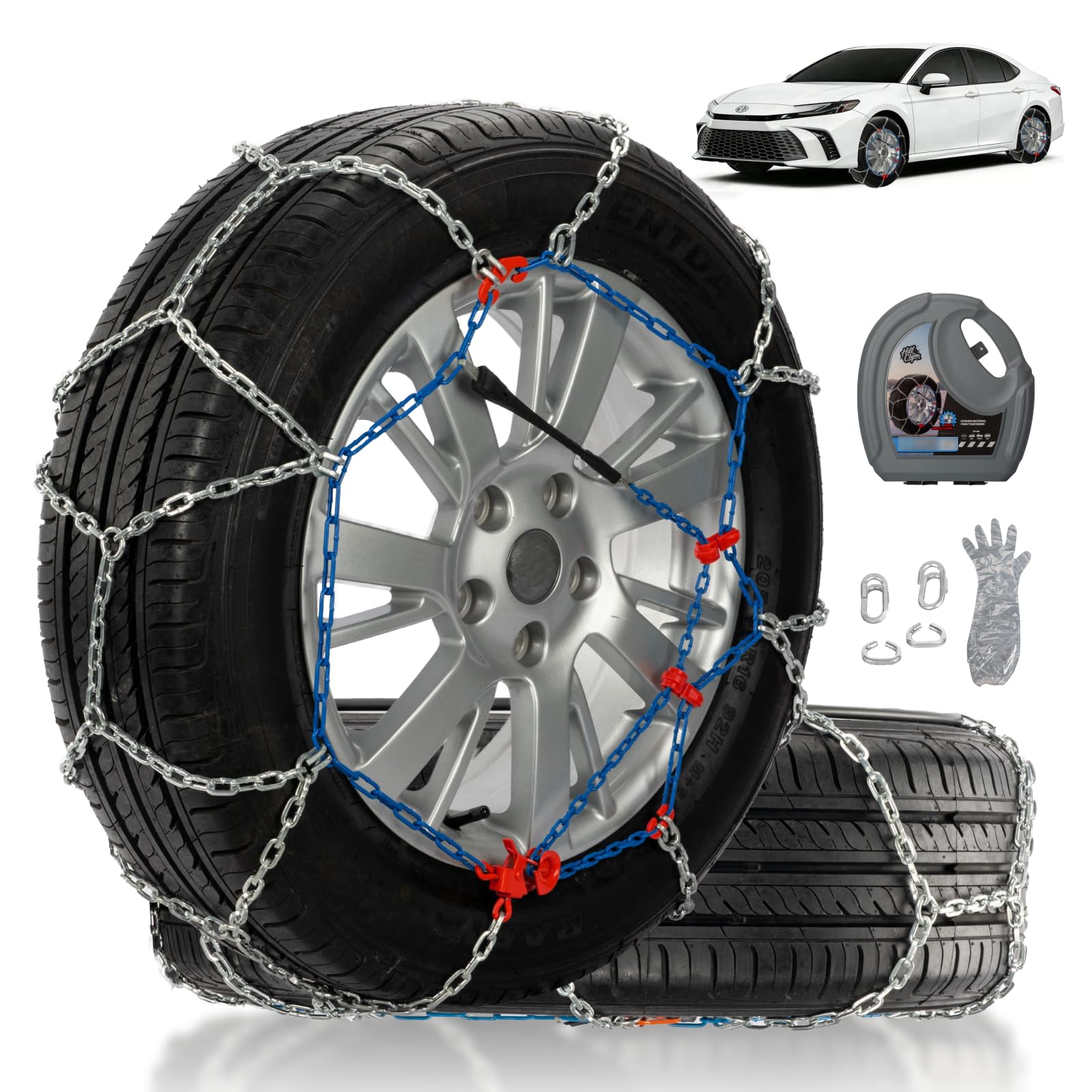 Photo 1 of Snow Chains for Car Tires, Tire Chains for Passenger Cars, Sedan, SUVs, Quick Fit & Easy Installation Snow Tire Chains, Portable Reusable Emergency Tire Traction Chain, Set of 2 (HP1555)