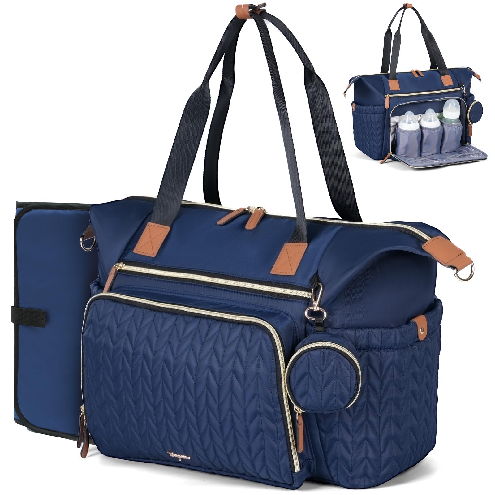 Photo 1 of Tonyeee Diaper Bag Tote, Large Baby Diaper Bags Waterproof, Hospital Bag for Labor Delivery with Pacifier Case, Changing Pad, Shoulder Strap, Dark Blue