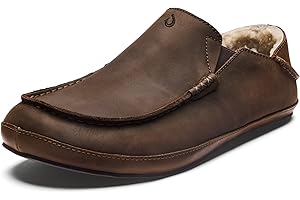 OLUKAI Moloa Slipper Men's Premium Leather Slip On Shoes, Soft Genuine Shearling Lining & Gel Insert, Drop-In Heel & All-Day Comfort
