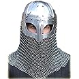 AnNafi® Viking Helmet Battle Armor 18G Steel and Chainmail | Reenactment Display Collection | Medieval Helmets Metal Knight Helmets | Wearable for Adult | Helm Armor SCA LARP Replica Costume | Helmet