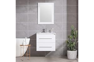 wonline 24" White Wall Mounted Bathroom Vanity Set Two Drawers Storage Cabinet with Ceramic Vessel Sink and Mirror Combo Chrome Faucet