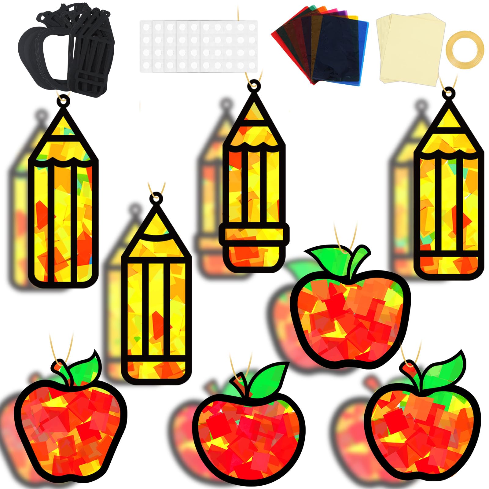 Photo 1 of 32 Sets Back to School Apple Pencil Suncatchers Craft Kit DIY Window Stained Glass Effect First Day of School Paper Craft Home Classroom Decoration Kid Birthday Gift Creative Art Project Activity Game