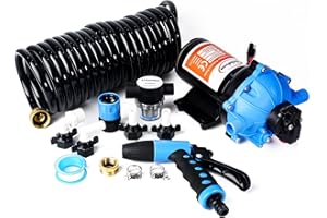 HZHDVEN 12V DC Fresh Water Pump, 7GPM 70PSI, Five Chamber Self-Priming Diaphragm Pump with Heavy Duty Pressure Switch & Strainer for RV, Marine (12V DC RV Fresh Washdown Pump Kit)