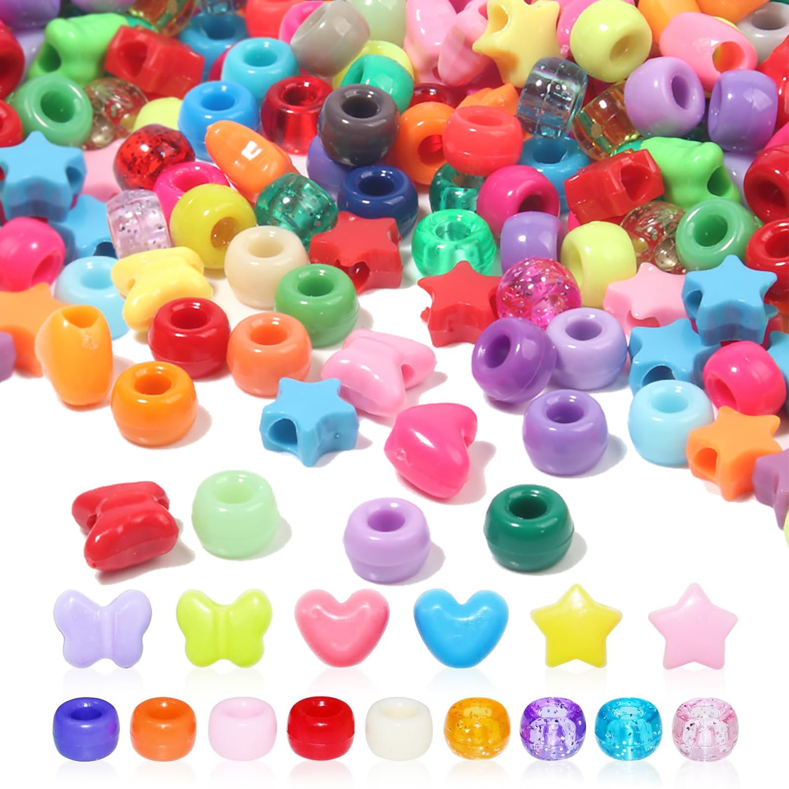 Photo 1 of 1000PCS Pony Assorted Beads for Bracelets,9mm Acrylic Beads Bulk with Cute Heart Star Butterfly Assorted Shaped for Braid Keychain Charms for Bracelet Necklace Jewelry Making Supplies