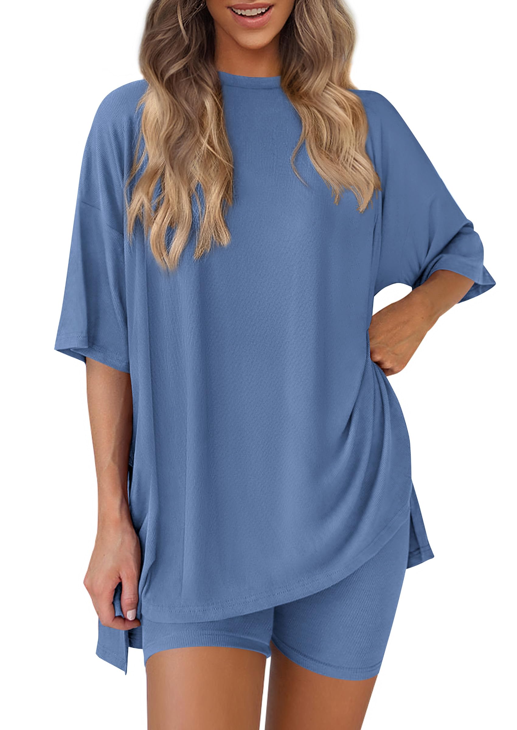 Photo 1 of (LARGE) (BAGGED) PRETTYGARDEN Women's Two Piece Lounge Set 2025 Summer Casual Oversized Shirts Biker Shorts Matching Airport Travel Outfit (Blue,Large)