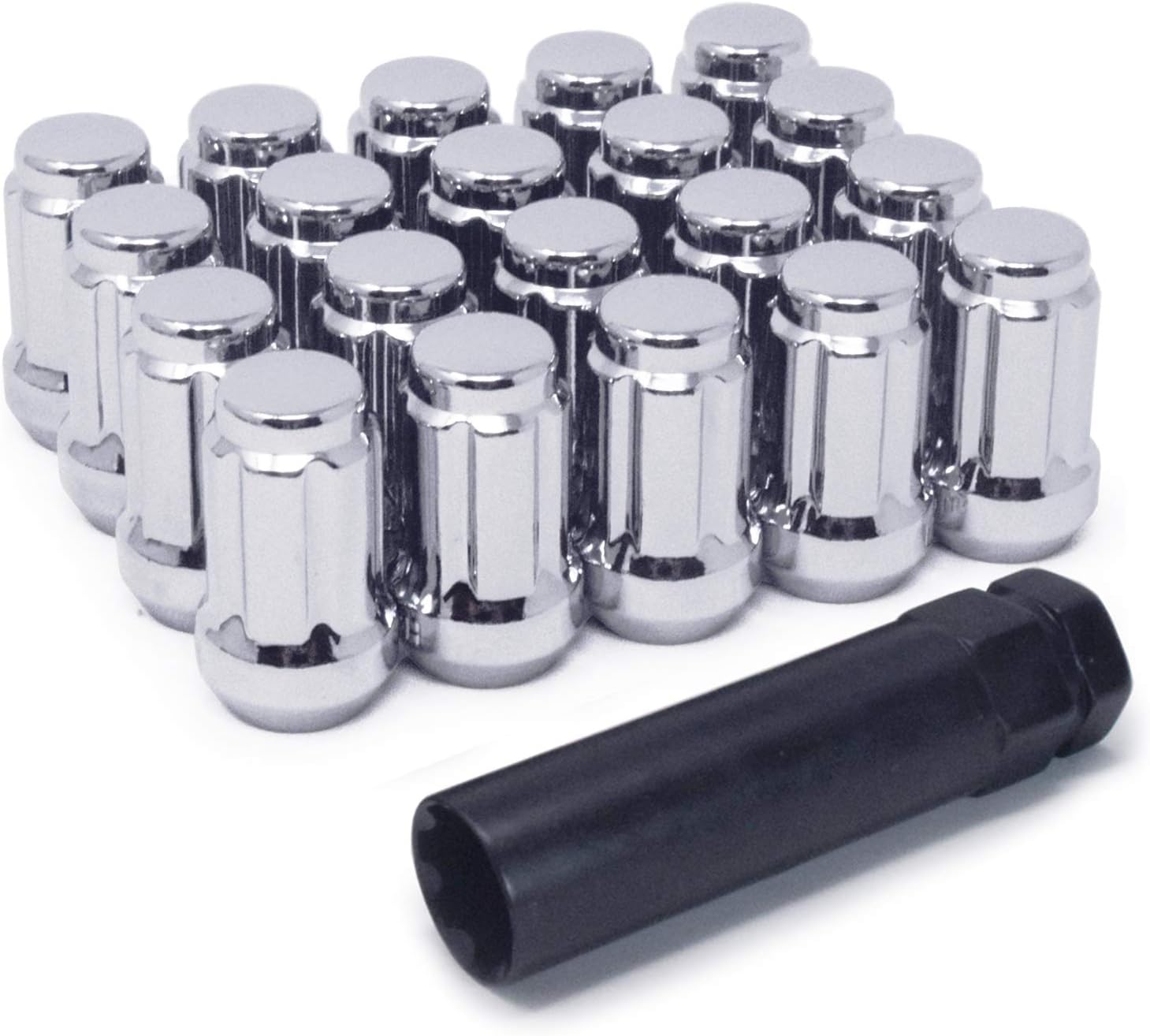 Mastiff 49094 Acorn Spline Lug Nut Set, 1/2x20 Thread, Triple-Chrome Finish, Conical 60 Degree Seat - 1.4"(35.6mm) Height (Pack of 20 + Key)