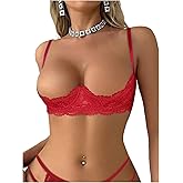 SOLY HUX Women's Sexy Lace Bra Lace Push Up Lingerie Naughty Bras Open Cup Sheer Shelf Corset Tops Nightwear 1/4 Cups