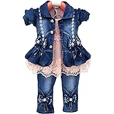 Peacolate Spring Autumn Little Girls Clothing Set 3pcs Long Sleeve T-Shirt Denim Jacket and Jeans