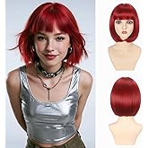 Refined hair Red Bob Wig with Bangs Short Straight Red Wigs for Women Girls 12 Inch Heat Resistant Synthetic Wig for Cosplay Party Halloween Daily Use