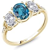 Gem Stone King 10K Yellow Gold London Blue Topaz White Topaz and Diamond Accent Engagement Ring For Women | 2.22 Cttw | Oval Gemstone Birthstone | Wedding Engagement Anniversary Promise Ring