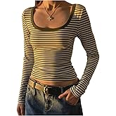 SOLY HUX Women's Striped T Shirts Scoop Neck Fitted Crop Tees Long Sleeve Going Out Tops