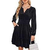 Sexyasasii Womens Velvet Dress V Neck Empire Waist Elegant Long Sleeve Cocktail Party Fall Winter Mini Dress with Pockets