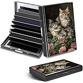 DHYYDSQZ Credit Card Holder, Cute Cat Flowers Design Mini RFID Blocking Aluminum Wallet Slim Metal Hard Case Shell Travel Wallet ID Case Small Credit Cards Case Business Cards for Women Men Girls