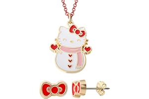 Hello Kitty Sanrio Snowman Necklace + Earrings Official License, 16"+3" Necklace and Bow Stud Earrings