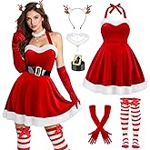 SOMSOC 6 Pack Women Santa Claus Costume Red Velvet Halter Neck Dress with Belt Gloves Stockings for Christmas Parties