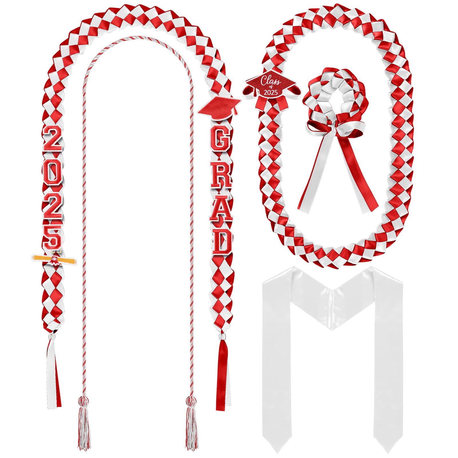 Photo 1 of Canlierr 18 Pcs Graduation Leis and Stole and Honor Cords 2025 Braided Necklace Adjustable for Student Graduation Gifts Party Supplies(Red and White)