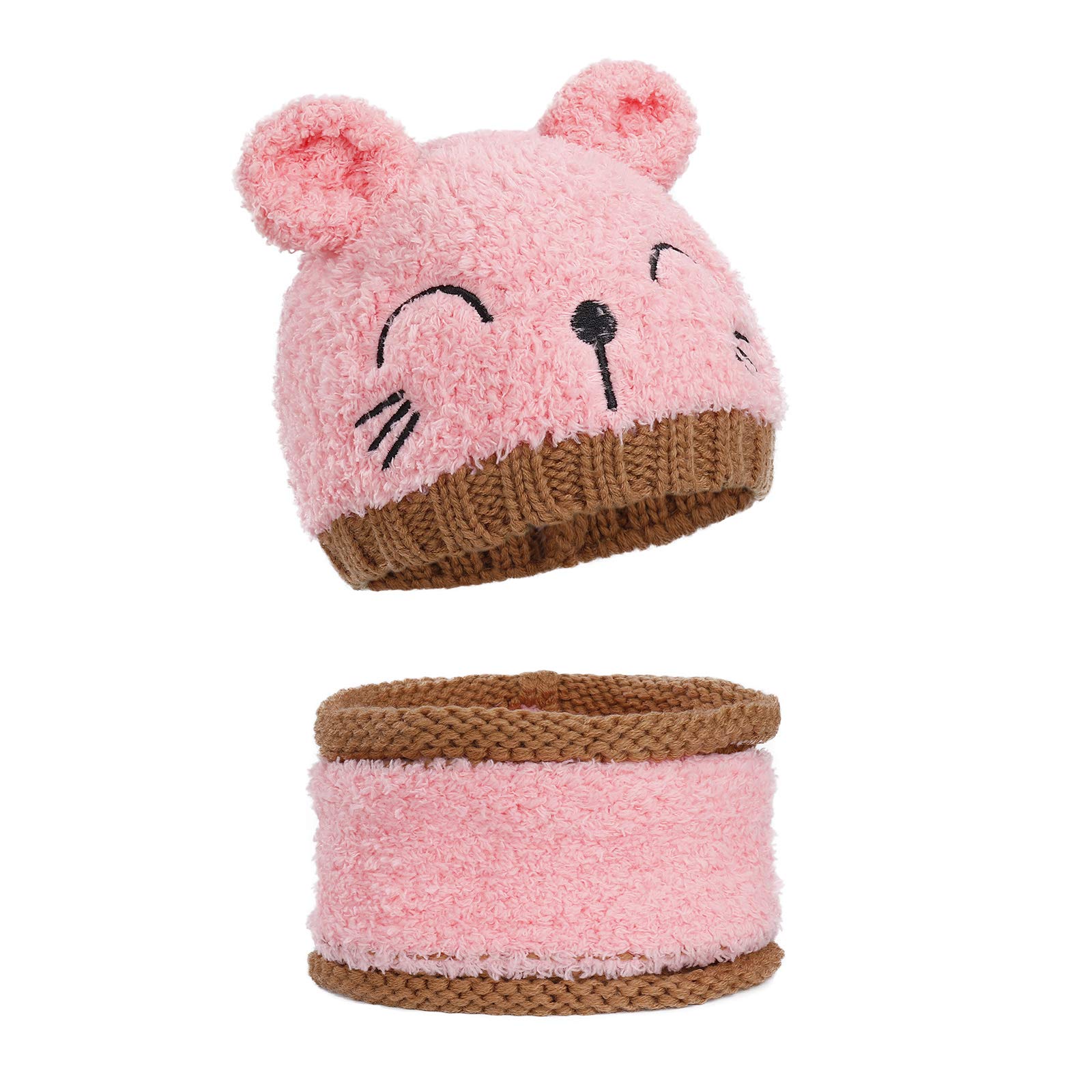 MengH-SHOP Baby Kids Hat and Scarf Set Winter Warm Knitted Beanie Cap Toddler Crochet Hat with Circle Loop Neckerchief Fit for 1-3 Years Baby Girls (Pink)