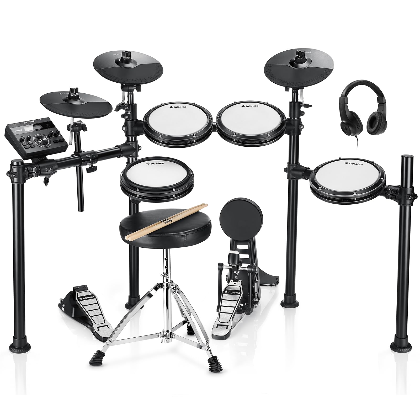 Photo 1 of Donner DED-200 Electric Drum Sets with Quiet Mesh Drum Pads, 2 Cymbals w/Choke, 31 Kits and 450+ Sounds, Throne, Headphones, Sticks, USB MIDI, Melodics Lessons (5 Pads, 3 Cymbals)