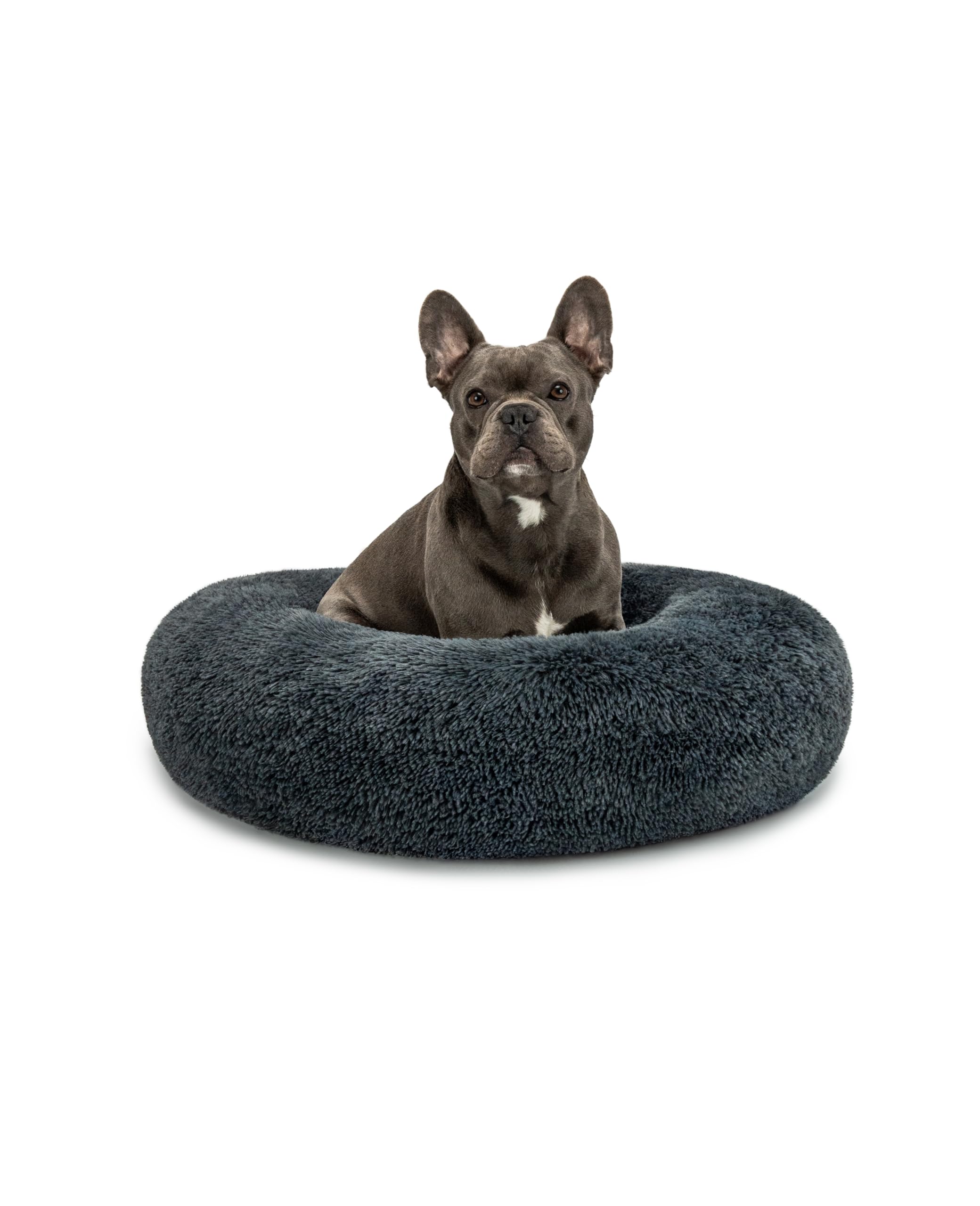 lionto Donut bed for dogs and cats, fluffy round dog bed for small and large pets, Ø 70 cm, soft cat bed made of cuddly plush, dog cushion with extra thick filling, dark grey