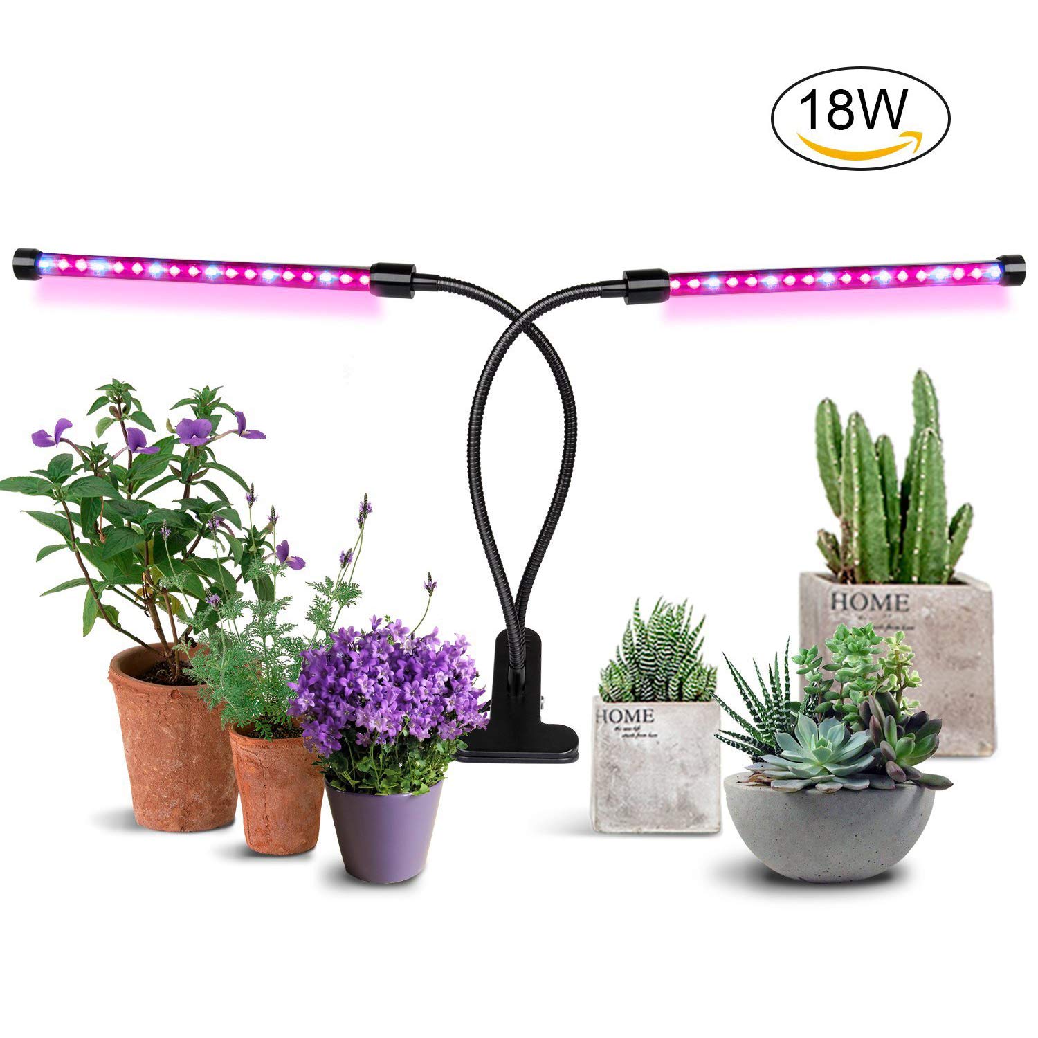 [2018 UPGRADED] 18W Timer Grow Lights for Indoor Plants/Grow Lamps for Seedlings, Aitere Dual Head 36 LED Chips with Red/Blue Spectrum,Adjustable Gooseneck, 3/6/12H Timer, 5 Dimmable Levels