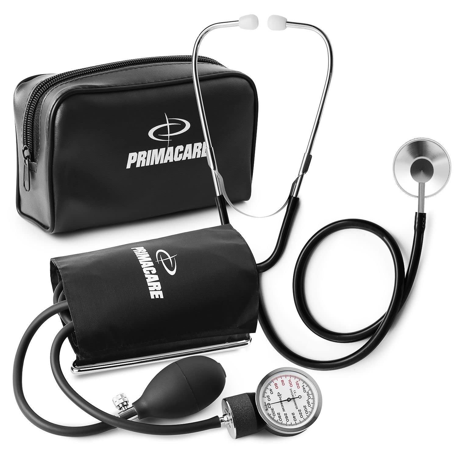 Primacare DS-9195 Professional Adult Size Classic Series Blood Pressure Kit with D-Ring Cuff, Nylon BP Kit, Aneroid Sphygmomanometer with Stethoscope, Black