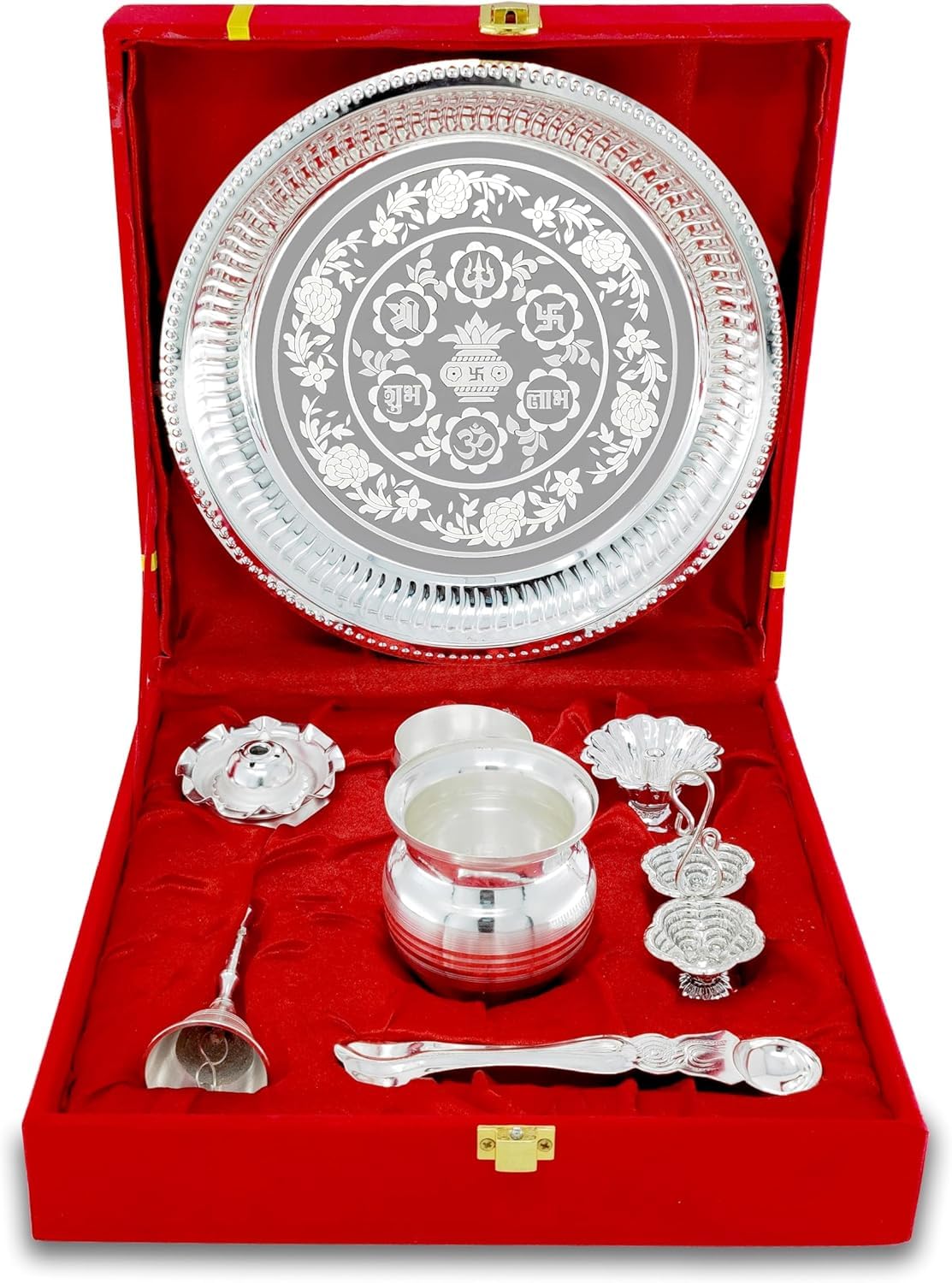 NOBILITY Premium Silver Plated Puja Thali Set 08 Inch with German Silver Coin Pooja Thali set items for Diwali, Home, Temple, Office, Wedding Gift