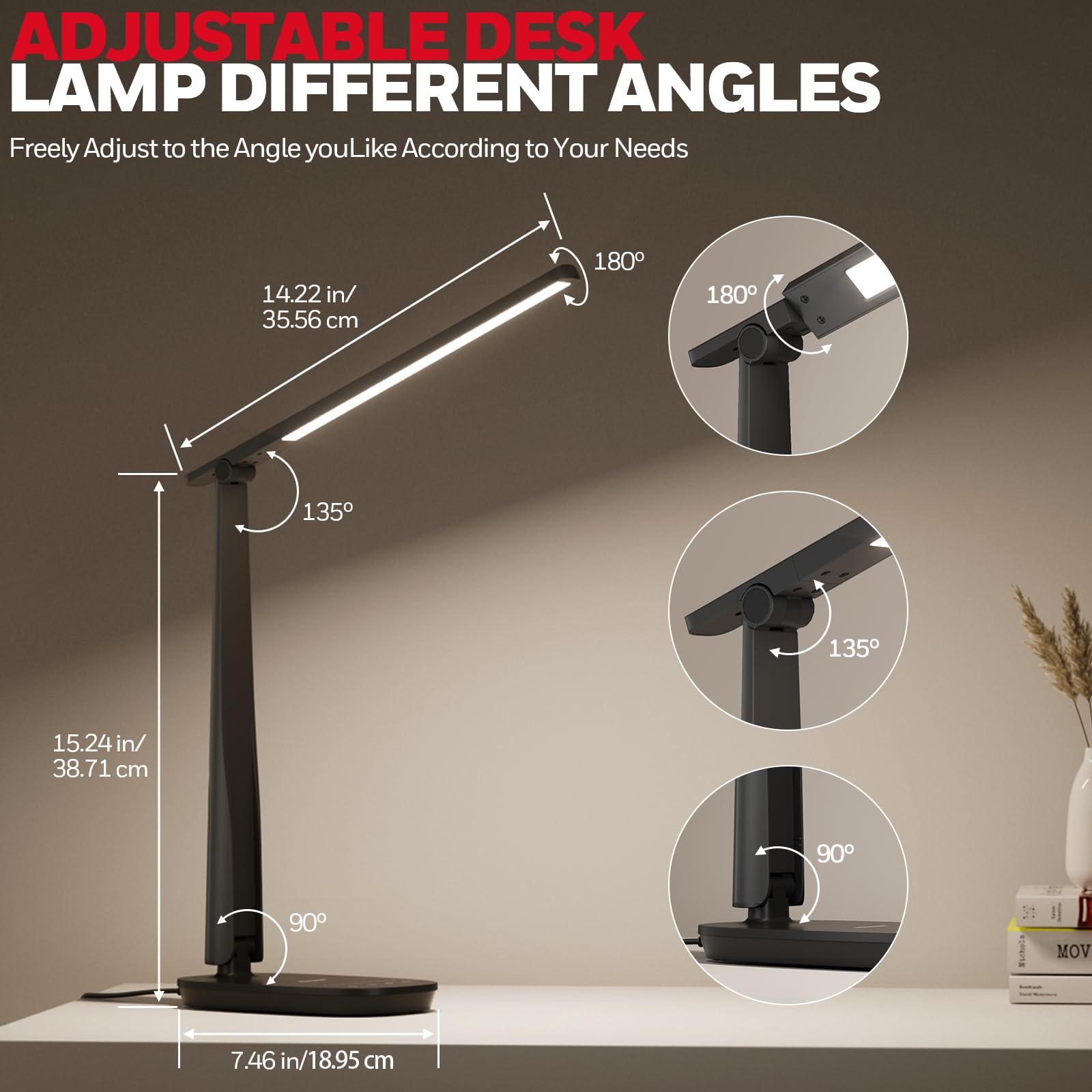 Honeywell LED Desk Lamp for Home Office, Eye-Caring Light with 4 Color Modes & Touch Control, USB A+C Charging Ports, Adjustable Rotating Head with Timer for Reading, Bedroom & Small Desks