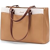 LOVEVOOK Work Tote Bag for Women, Laptop Bag Teacher Tote Bag, Waterproof Leather Computer Bag, Business Laptop Purse Office Handbag Professional Briefcase, 15.6 Inch, Camel-Beige-Brown