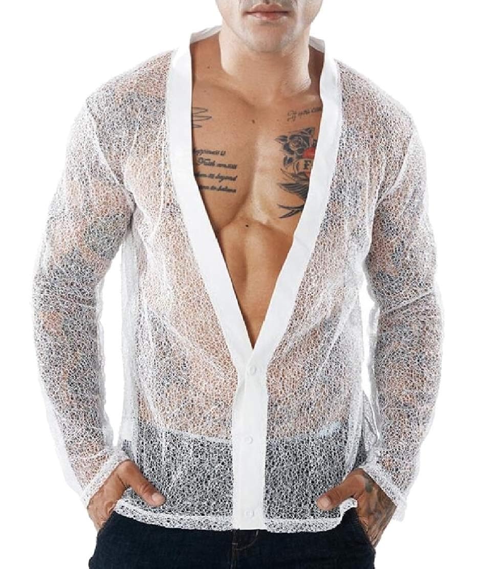 M/&S/&W Mens Button Down See Through Short Sleeve Mesh Dress Shirt