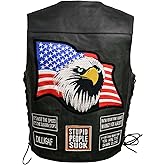 EVENT LEATHER ELM3930 Men’s Black Motorcycle Riders Leather Vest w/ 9 Patches and Adjustable Side Laces