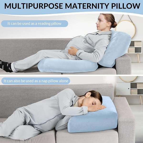 PREGNANCY PILLOW FOR STOMACH SLEEPERS, 45.3 INCH PREGNANCY MASSAGE PILLOW FULL BODY PILLOW WITH REMOVABLE COVER – SUPPORT FOR BACK, LEGS, BELLY, HIPS FOR PREGNANT WOMEN (LIGHT BLUE)