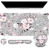 iCasso Large Mouse Pad Wrist Support Set, 4in1 XXL Big Mousepad + Keyboard Wrist Rest + Mouse Wrist Rest + Coaster Set with Ergonomic Design Gaming Mat for Home Office Table Computer - Pink Floral