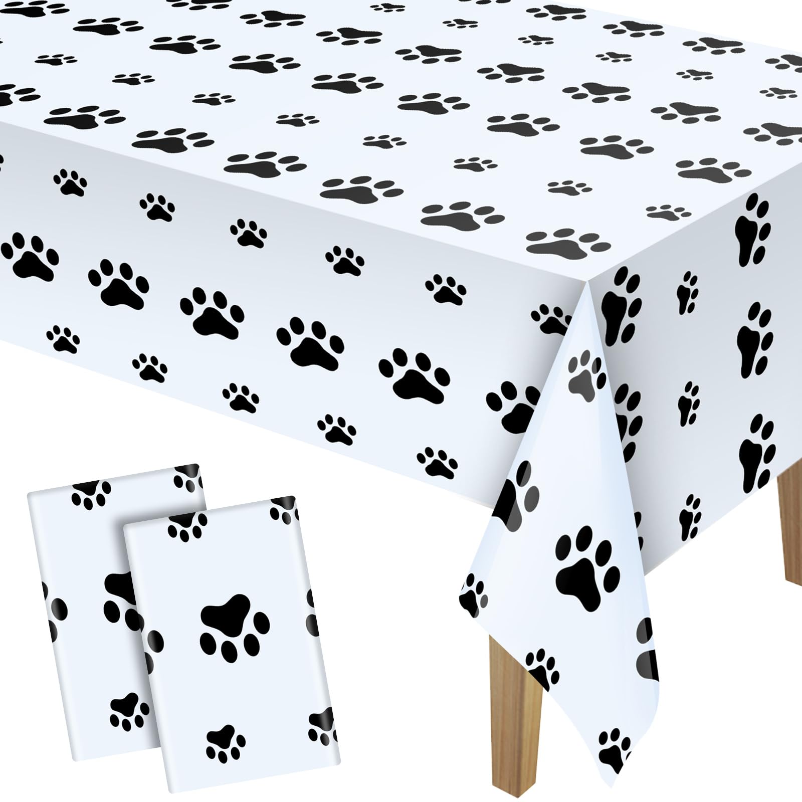 Photo 1 of 2 Pieces Puppy Paw Print Plastic Tablecloth Disposable Table Cover Puppy Themed Birthday Party Decorations for Dog Party Supplies (White,71 x 54 Inch)