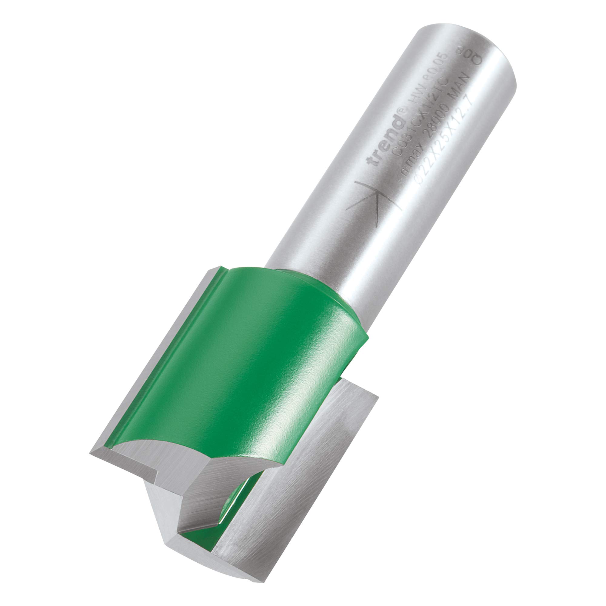 Trend CraftPro Straight Two Flute Router Cutter, 1/2 Inch Shank, 22mm Cut Diameter & 25mm Cut Length, Tungsten Carbide Tipped, C031CX1/2TC