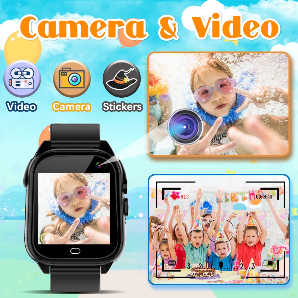 OVV Smart Watch for Kids Waterproof Boys Girls Learning Toys Watches with 26 Puzzle Games Camera Video Music Player Pedometer HD Touchscreen Alarm Clock Flashlight Children Age 3-12 (1. Black)