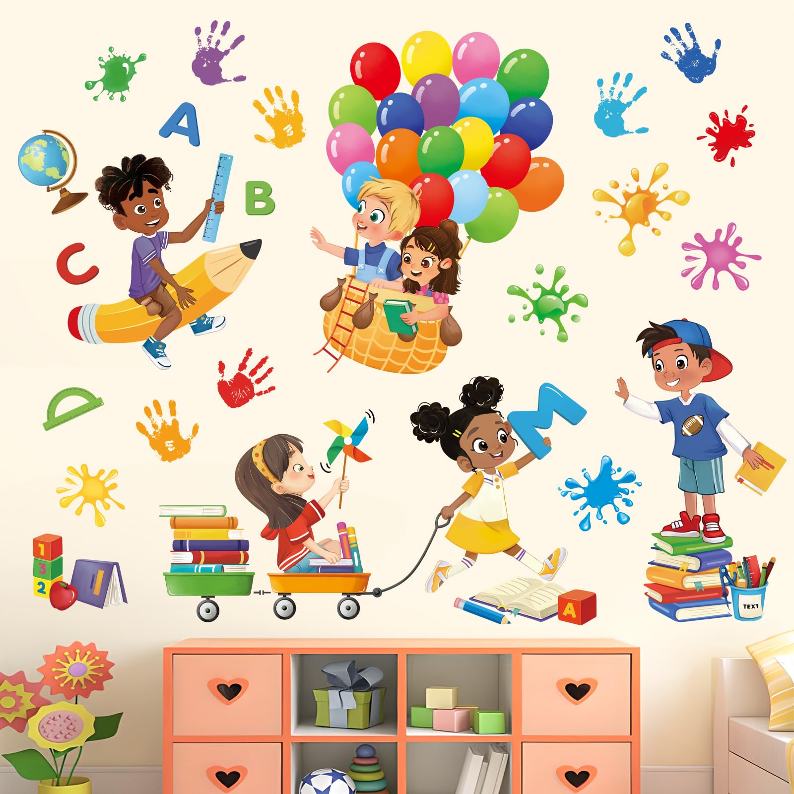 decalmile Reading Corner Balloon Wall Stickers Books Kids Handprint Educational Wall Decals Reading Room Study Room School Wall Decor