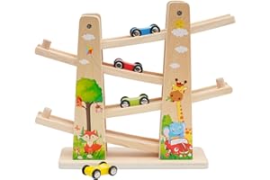 EAPURA Car Ramp Toys for Toddlers | Wooden Car Track for 1 2 Year Old with 4 Cars & Race Tracks | Montessori Toys Gift for Toddlers Boys and Girls